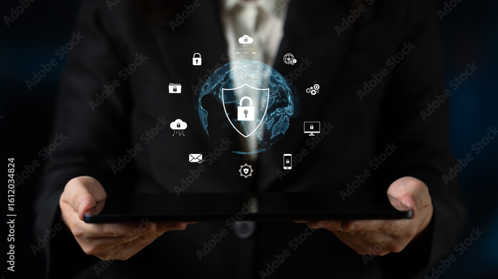 Poster cyber security protects against breaches, hacks, and network attacks using strong infrastructure and