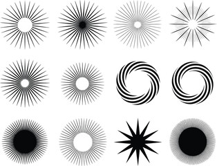 Collection of twelve abstract starburst and swirl graphic elements
