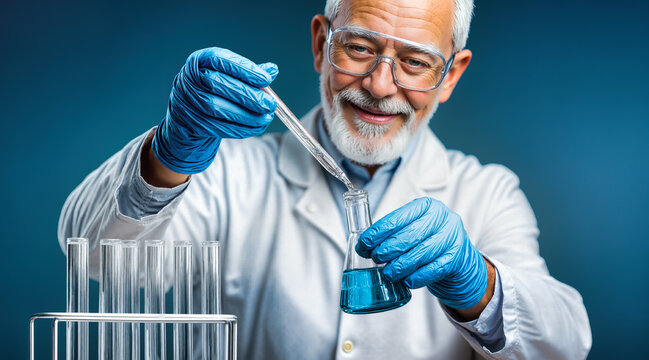 Senior scientist in laboratory conducting chemical analysis with blue liquid samples. Professional researcher using pipette and test tubes for scientific experiments. Medical research