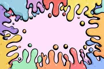 Fototapeta premium Cartoon style illustration featuring colorful slime dripping, forming a frame against a pink backdrop