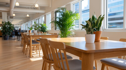 Sunlit Co-Working Lounge with Natural Wood Tables and Plants