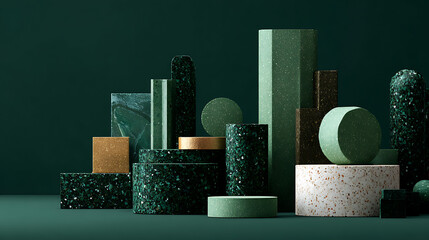 Green and Gold Terrazzo and Marble Geometric Shapes Product Display Mockup on Dark Green Background
