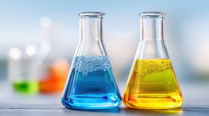 Chemistry laboratory flasks with blue and yellow liquid solutions bubbling during scientific experiment. Glass beakers contain colorful chemical reactions for research, analysis, pharmaceutical