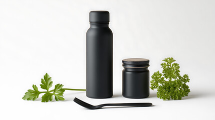 Matte Black Bottle and Jar with Parsley and Black Fork on White Background Minimalist Product Photography