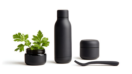 Matte Black Water Bottle Small Black Jar Fresh Parsley Sprig Black Container Minimalist Product Photography Still Life