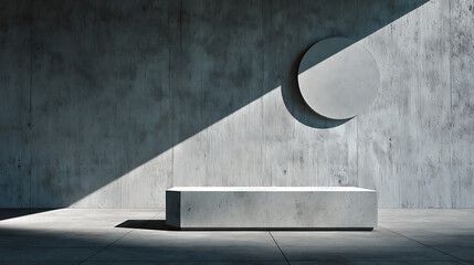 Minimalist Concrete Room Interior Design Featuring a Hexagonal Bench and Circular Wall Element Grey and White Color Palette Sunlit Setting