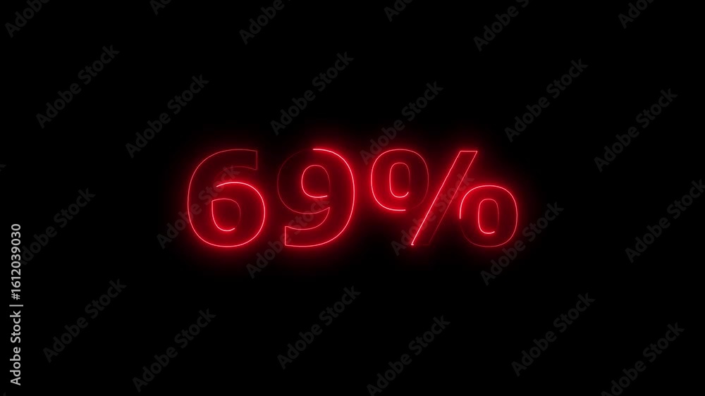 Poster Glowing Red Neon 69 Percent Symbol on Black Background Dynamic Number Display