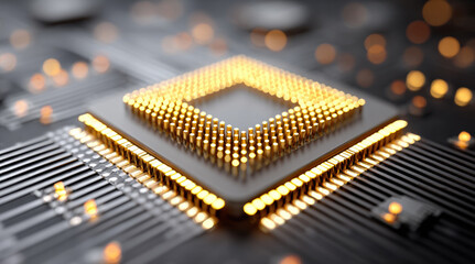 Golden cpu processor chip with illuminated pins on circuit board. Computer microprocessor, semiconductor technology, electronic hardware components, digital computing innovation.