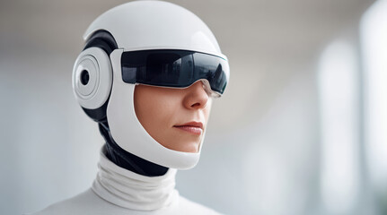 Person wearing futuristic white helmet with dark visor. Modern protective gear, advanced safety equipment, sci fi design, cyberpunk style, professional industrial technology.