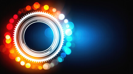 Abstract mechanical gear with colorful bokeh lights and gradient effects. Industrial technology concept featuring circular design, vibrant red blue colors, precision engineering elements.