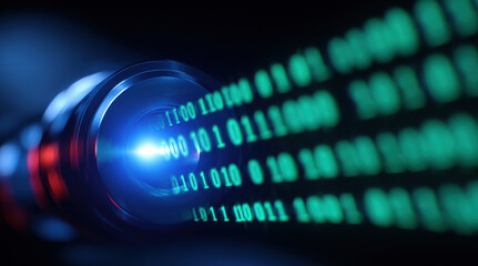 Digital binary code data stream with glowing sphere visualization. Abstract technology background featuring encrypted information flow, cyber security concepts, artificial intelligence programming