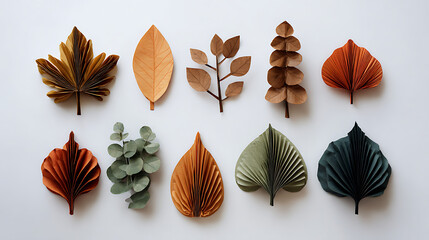 Nine Unique Paper Leaf and Branch Arrangements in Earthy Tones on White Background Minimalist Flat Lay Composition Featuring Folded Paper