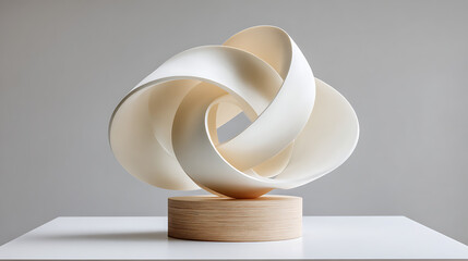 Off White Abstract Sculpture on Light Wood Base Modern Minimalist Art Studio Photography Creamy White Curves Intertwined Forms Elegant