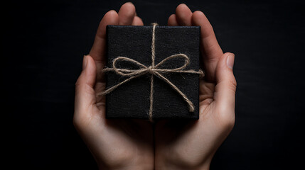 Overhead View of Two Hands Gently Holding a Small Square Black Gift Box Tied with Natural Twine Bow