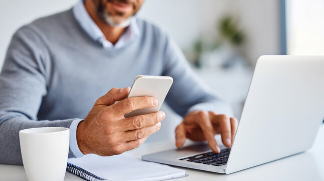 Professional businessman using smartphone and laptop at office desk. Corporate executive multitasking with mobile technology, digital communication devices and coffee mug in modern workspace