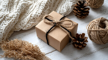 Rustic Brown Gift Box Tied with Jute and Black Twine on White Wooden Surface Near Cream Knitted Sweater Dried Pampas Grass and Pine Cones