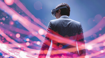 Businessman wearing vr headset with vibrant neon light effects and colorful bokeh background. Virtual reality technology concept featuring immersive digital experience, futuristic innovation and cyber