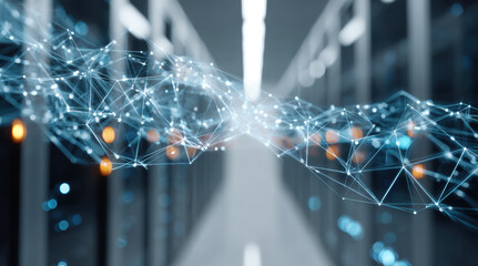 Digital network technology with interconnected nodes, glowing data points and geometric patterns. Abstract cyber infrastructure concept featuring luminous connection lines, modern computing