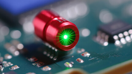 Red laser pointer with bright green beam light on electronic circuit board. Professional presentation device featuring optical technology, precision equipment and semiconductor components for business
