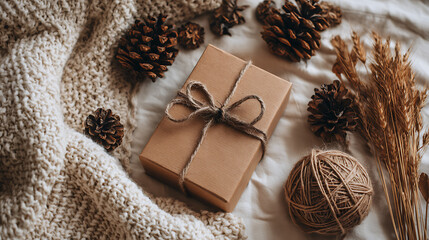 Rustic Brown Gift Box Tied with Jute Twine Surrounded by Pine Cones Cream Knit Blanket and Wheat Stalks