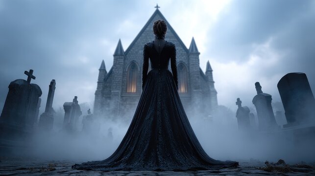 A woman in a long gown walks through a misty graveyard towards a church.