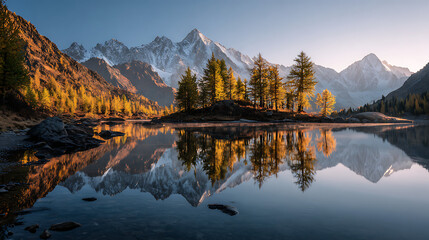 Serene Alpine Lake at Sunrise Golden Larch Trees Reflecting in Calm Water Majestic Snowcapped Mountains Background Breathtaking Autumn Landscape