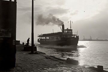Nostalgic sea voyage – steamship arrives in a foggy coastal town, black and white image