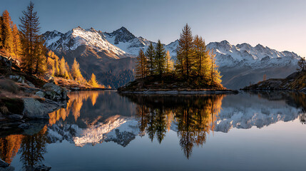 Serene Alpine Lake with Golden Larch Trees and Snow Capped Mountains Reflecting in Calm Water at Sunrise