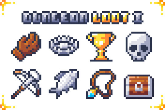Pixel art dungeon loot icon set featuring a glove, trap, golden trophy, skull, crossbow, fish, amulet, and treasure chest. Ideal for RPG and adventure games. 16x16 pixels