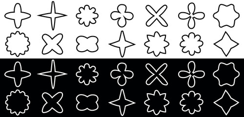 Outlined Decorative Shape Icons Set with Flower and Star Motifs on Light and Dark Backgrounds. Vector Illustration.