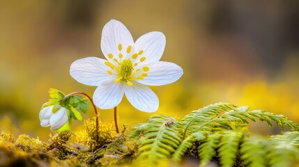 Delicate White Flower Blossoms Among Green Ferns in Nature Scene