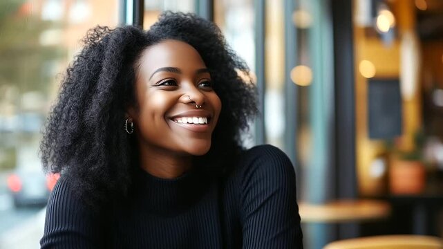  Happy young African American woman with voluminous curly hair beams at the camera, her snow-white smile shining as she poses in the fresh air sn owing