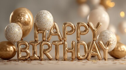 Elegant birthday celebration with golden balloon letters and glittering accents