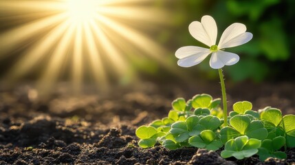 Delicate White Flower Growing in Sunlight with Soft Green Background