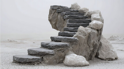 Surreal Stone Staircase Sculpture in a Desolate Landscape Grey and White Rocks Minimalist Art Installation Outdoor Scene
