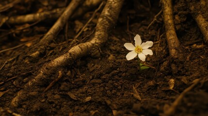 Delicate White Flower Growing Near Tree Roots in Dark Soil