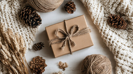 Rustic Brown Gift Box Tied with Jute Twine Surrounded by Pine Cones Wheat and Knitted Fabric on White Wooden Surface