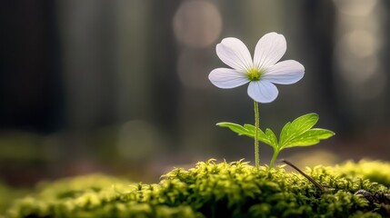 Delicate White Flower Growing on Mossy Ground in Soft Light
