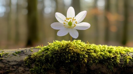 Delicate White Flower Growing on Mossy Log in Forest Setting