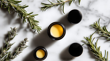 Top Down Flatlay of Three Small Jars of Yellow Balm Surrounded by Rosemary and Lavender Sprigs on Marble Surface