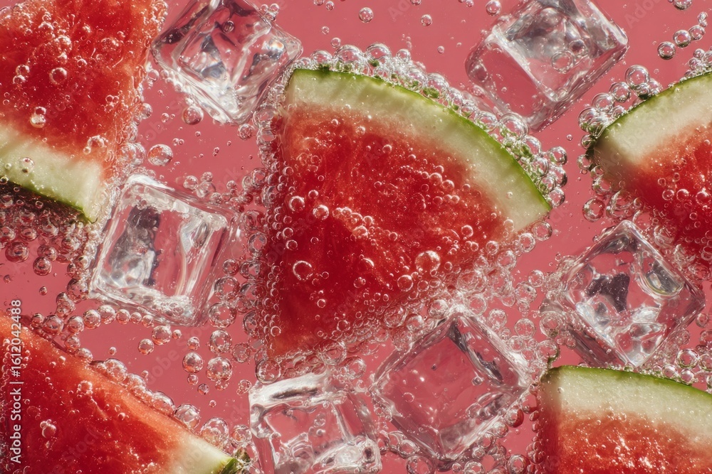 Poster slices of ripe watermelon immersed in sparkling water with ice cubes, creating a refreshing summer d