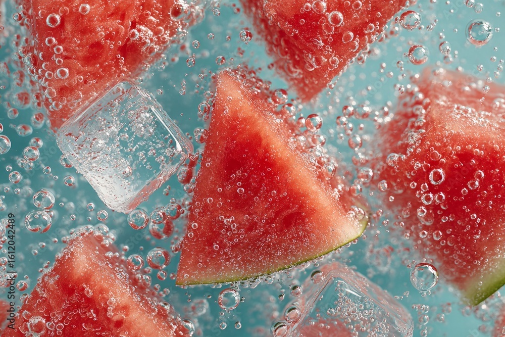 Poster refreshing summer slices of red watermelon and ice cubes floating in sparkling turquoise water with 
