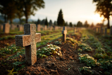 Stone cross marking a grave in a cemetery during sunset, creating a serene and contemplative atmosphere