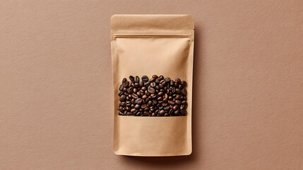 Top Down View of Brown Kraft Paper Coffee Bag Filled with Dark Roasted Coffee Beans on a Light Brown Background Minimalist Product Photography