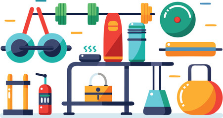 Colorful flat illustration of gym equipment and accessories fitness workout