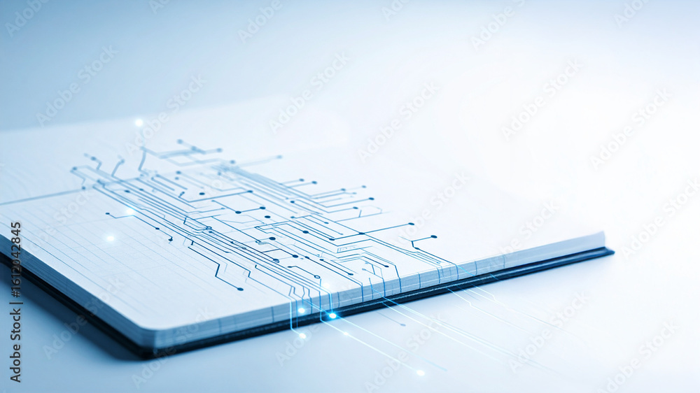 Aufkleber an open notebook displays a blue circuit board pattern with glowing connections, symbolizing technol
