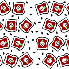 Seamless pattern of hand-drawn toast with strawberry jam on a white background. A cute, playful food design perfect for kitchen decor, wrapping paper, and kids' products.