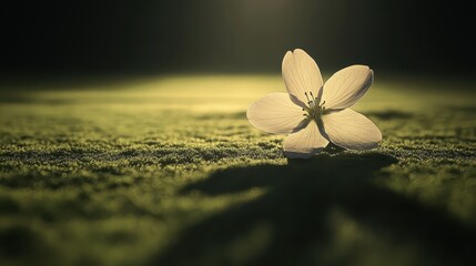 Delicate White Flower on Green Moss with Soft Light Background