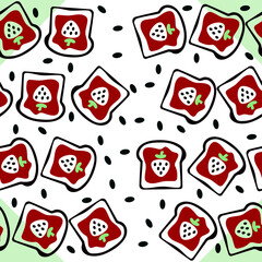 Seamless hand-drawn pattern of toast with strawberry jam on a white background with soft mint green corners. A fun, light-hearted design for kitchen decor, kids’ items, and wrapping paper.