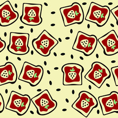Seamless hand-drawn pattern of toast with strawberry jam on a soft pastel yellow background. A cheerful and playful design perfect for kids’ products, wrapping paper, and kitchen decor.